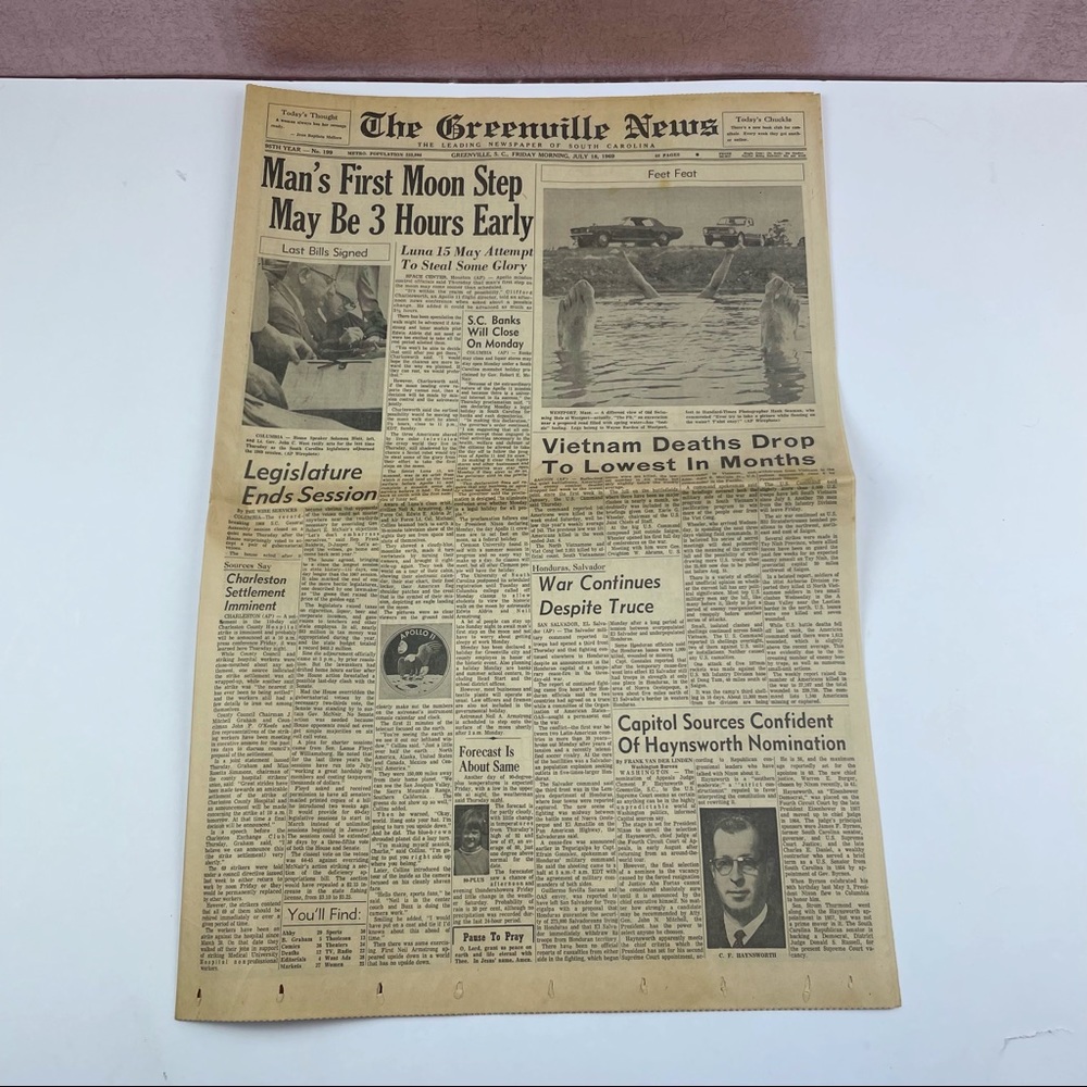 Vintage The Greenville News Newspaper July 18, 1969 Moon Astronaut Vietnam